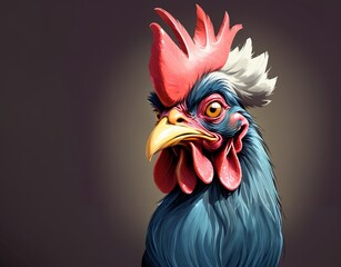 Raging Rooster. The bird's proud posture, intense eyes and striking red, white and blue crest exude strength, energy and a bold fighting spirit. Generative AI. The regal rooster is ideal for poultry