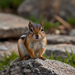 A chipmunk close up on stone with grass background
