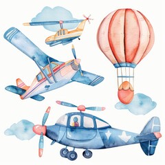 Aviation Clipart. Cartoon Style Watercolor Clip Art of Cute Air Transport