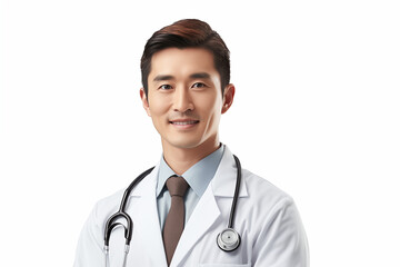 Fototapeta premium Asian smiling doctor on a white background. World of Medicine. Personal care profession. Medical studies. Asian doctor. China. Japan. Images for graphic designers. Image for communication. AI. 