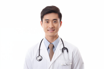 Fototapeta premium Asian smiling doctor on a white background. World of Medicine. Personal care profession. Medical studies. Asian doctor. China. Japan. Images for graphic designers. Image for communication. AI. 
