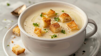 sour cream and onion soup topped with golden croutons in a white bowl against a serene light background, captured in a tantalizing close-up shot from the front view.