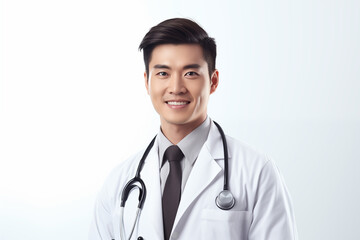 Fototapeta premium Asian smiling doctor on a white background. World of Medicine. Personal care profession. Medical studies. Asian doctor. China. Japan. Images for graphic designers. Image for communication. AI. 