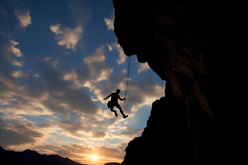A rock climber is silhouetted against the evening sky as he rappels past an overhang