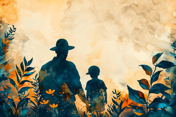 Watercolor illustration of a father and son silhouette standing in a field of flowers. Vintage style Father's day greeting card. Copy space