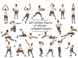 18 vector isolated figures of African volleyball team players in white T-shirts in various poses training, running, jumping, throwing, hitting the ball