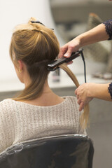 Fototapeta premium Hairdresser Straightening Client's Hair with Flat Iron