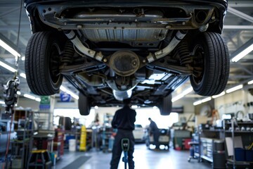 Mechanic Inspecting Car Undercarriage on Hydraulic Lift in Auto Service Center for Maintenance