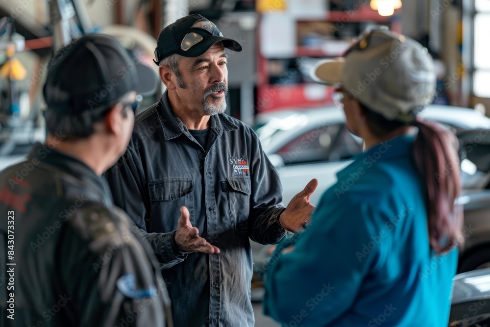 Wall mural car service technician explaining maintenance importance to customers in workshop setting