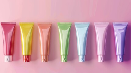 Neat arrangement of colorful cosmetic tubes, ideal for beauty and skincare product showcases, isolated on a light background, photo realistic