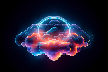 Obraz premium abstract cloud shape illuminated by neon light rings in the dark sky. Geometric shapes