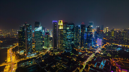 Obraz premium Bird's Eye View of Modern Urban Skyline at Night