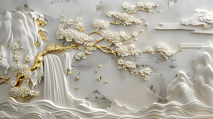Volumetric stucco molding on a concrete wall with golden elements, Japanese landscape, waterfall, mountains, sakura.