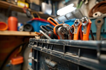 Fototapeta premium Well-Organized Plumber's Toolbox with Essential Tools in a Workshop Setting for Repair and Maintenance