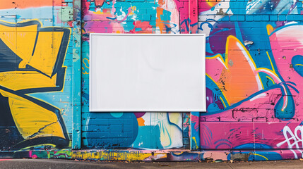 A blank white poster mockup on the side of an urban wall with colorful graffiti