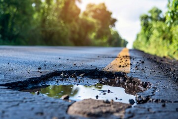 Badly damaged asphalt road with frequent potholes - traffic hazards - infrastructure maintenance - public safety