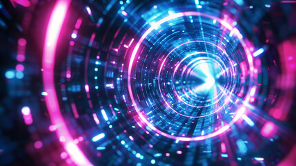 A colorful, neon tunnel with a blue and pink light. Luminous abstract circular tunnel. Futuristic technological style with the effect of a sense of depth, movement and energy. Illustration for banner