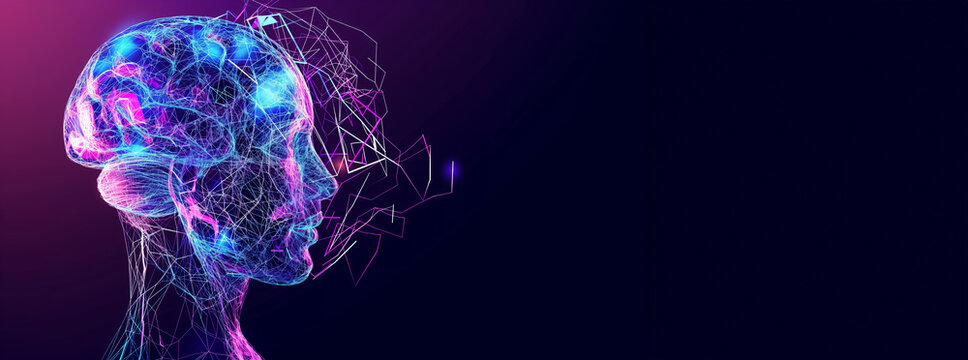 A colorful brain with purple and blue lines. futuristic brain in the shape of a futuristic dxf mannequin illustration stock photo, in the style of light blue and purple, vivid energy explosions - Powered by Adobe