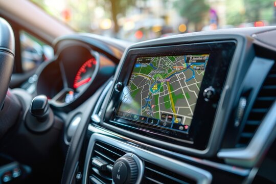 Detailed View of GPS Navigation System in a Modern Rental Car for Enhanced Customer Convenience