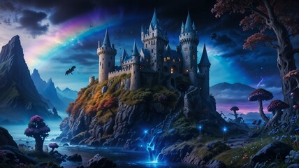Enchanting Medieval Castle on Cliff with Dragon and Rainbow Under Night Sky