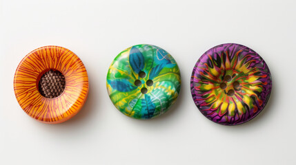 Assortment of three vibrant sewing buttons displayed on a white background, perfect for embellishing fabrics.