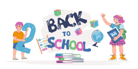 Back to school banner template with schoolchildren ready for school, cartoon flat vector illustration isolated on white background.