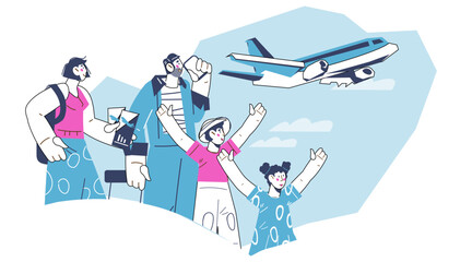Banner with a traveling family. Family airplane travel and vacation together, flat cartoon vector illustration isolated on white background. Traveling by plane.