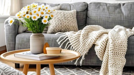 living room, featuring a grey sofa, wooden coffee table adorned with white daisies, and a stack of blue books, with ample copy space for text.