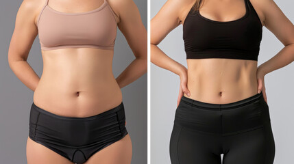 Before and after weight loss: thanks to diet, exercises, and liposuction, the woman lost extra weight and got a toned abdomen.