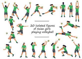 20 figures of Asian women's volleyball team players in green T-shirts training, running, jumping, throwing, hitting the ball