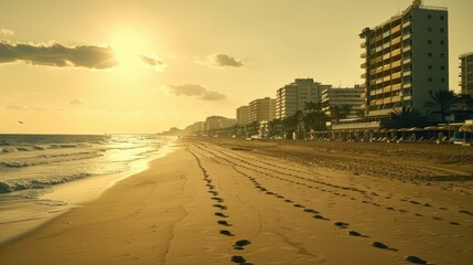 Golden Sunset over Sandy Beach with Footprints and Urban Skyline
