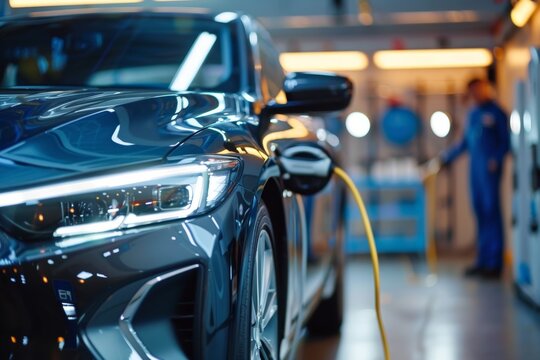 Hybrid Car Service Check with Advanced Diagnostic Tools in a Mechanic Workshop