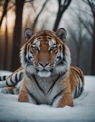 Tiger in winter lying on the snow. Wild animal on the snow. Generative Ai