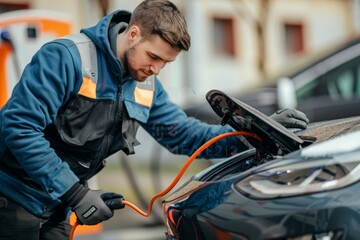 Automotive Technician Inspecting Electric Car Components for Safety and Efficiency