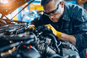 Obraz premium Mechanic Wearing Protective Gear Working on High Performance Engine in Auto Workshop