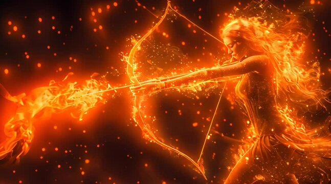 Sagittarius girl with a bow shoots fiery arrows, zodiac sign in flames
