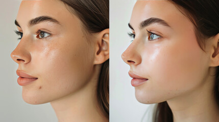 Before-and-after photos of a woman's nose after plastic surgery show a straighter, more defined shape. The surgery corrected the nasal septum and hump, improving the woman's breathing and appearance.