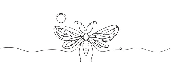 graphic illustration of a firefly beetle, bug in one line. line drawing