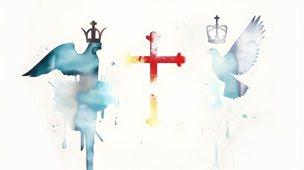 Holy Trinity symbols. Cross, crown and dove of Holy Spirit. Watercolor christian symbols against white background. Vector illustration.