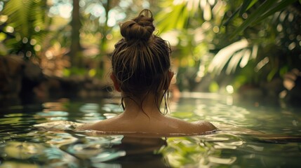 Fototapeta premium Beautiful woman relaxing in the pool at a luxury hotel resort in Bali island with a tropical forest in the background.