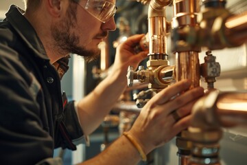Obraz premium Plumber Installing Copper Pipes in Residential Basement - Detailed Soldering Process Close-Ups for Installation Guide