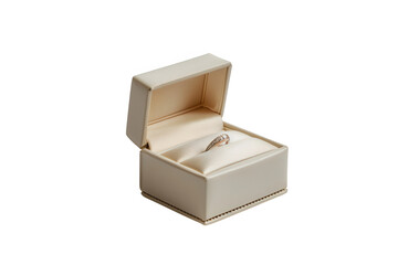 A simple, elegant ring box with a single ring inside. The box is white with a slight sheen.