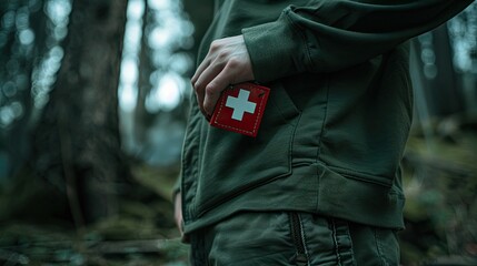 Fototapeta premium an adult woman's hand holding and showing the red first aid kit case with white cross symbol in her green hoodie pocket, with an outdoor background.