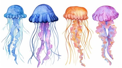 Fototapeta premium Four watercolor jellyfish. Blue, orange, purple and pink. Isolated on white background.