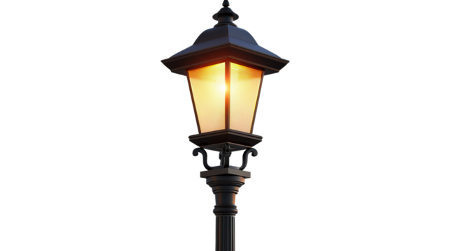 A single, lit street lamp against a black background. The lamppost is ornate with a warm glow emanating from the lamp.