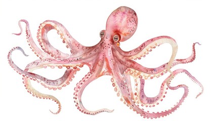 Obraz premium A watercolor painting of a pink octopus, with its tentacles spread out in a radial pattern.