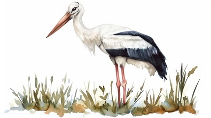 Fototapeta premium A watercolor painting of a stork standing in a field of grass. The stork is white with black wings and a long red beak. It is standing on one leg in the tall green grass.