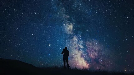 Naklejka premium Galaxy Silhouette. Starry Night Sky with Man Silhouette and Camera Viewing Milky Way Galaxy