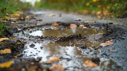 Fototapeta premium Puddle covered in mud during rainfall
