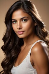 Fototapeta premium Profile of a young Indian woman with dark hair and radiant skin, beige background